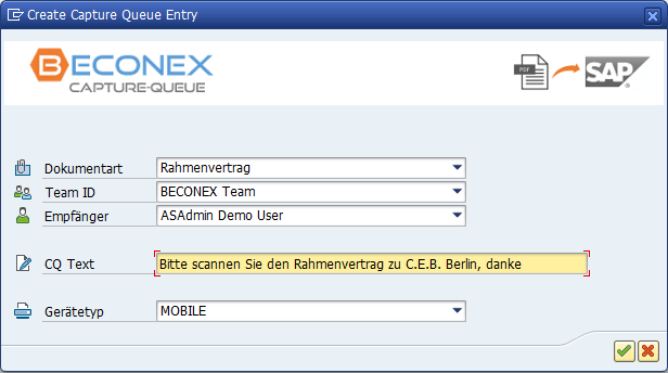 Popup to create a CaptureQueue entry inside the SAP system.