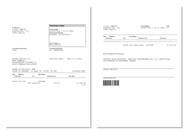 Example of purchase order confirmation with barcode on the second page.