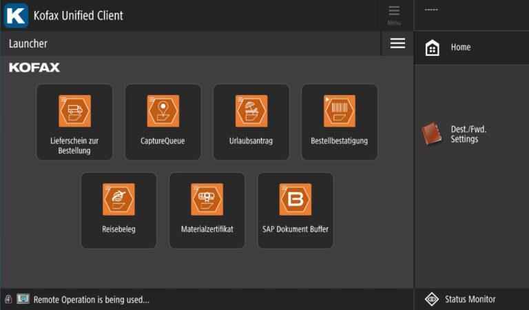 Scanszenarien zum Senden von Dokumenten an das SAP-System mithilfe der Kofax AutoStore-Plattform und des BECONEX CS4SAP-Connectors. Blick von der Schnittstelle eines Multifunktionsgeräts.