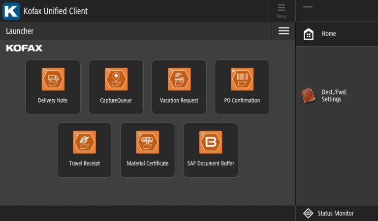 Scanning scenarios to send documents to the SAP system using the Kofax AutoStore platform and the BECONEX CS4SAP connector. View from the interface of a multifunction device.