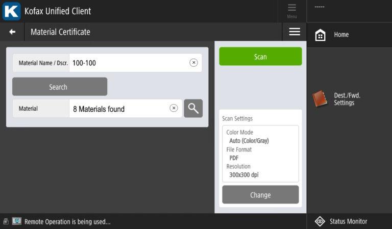 "Scan certificate to material" scenario, with list of results of the meta search for the term "100-100", viewed from the interface of a multifunction device.