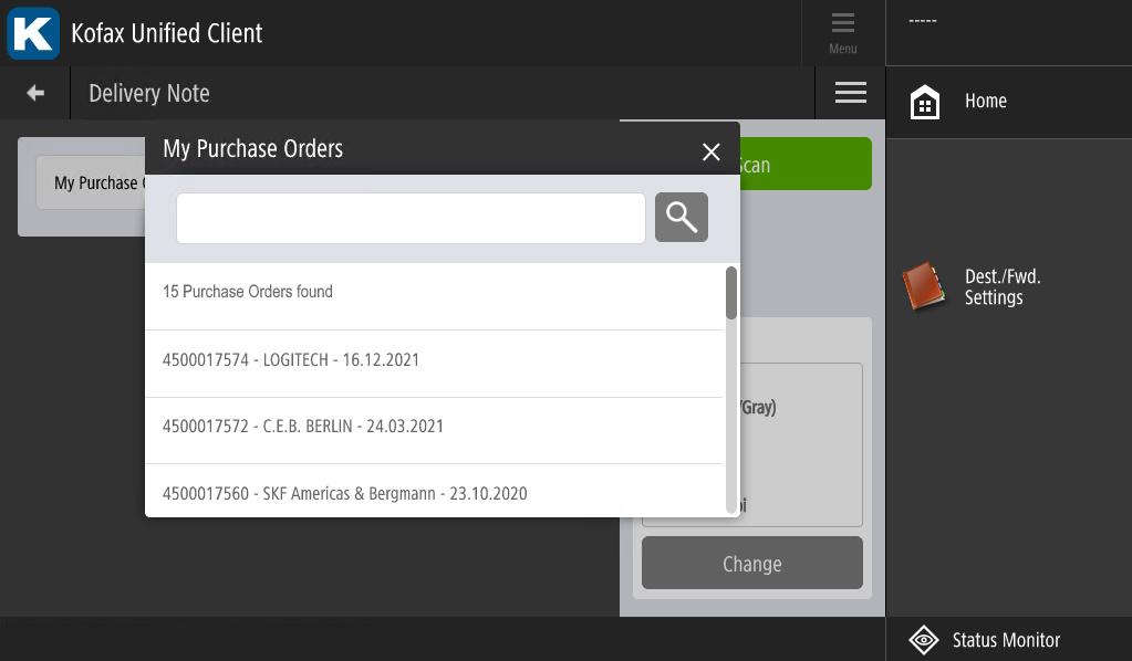 "Scan delivery note to purchase order" scenario, with list of purchase orderds created by authenticated user, viewed from the interface of a multifunction device.