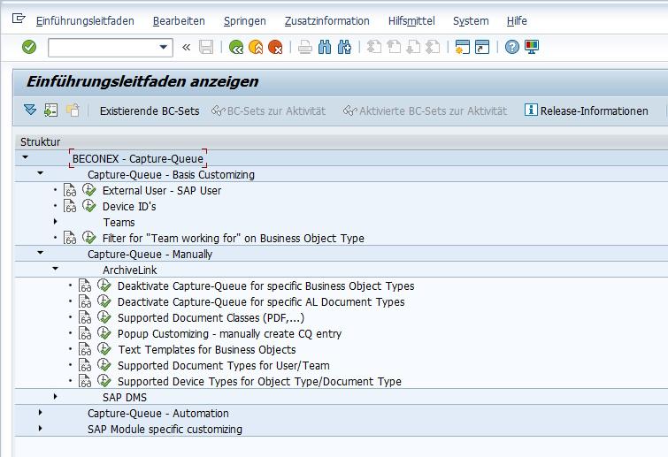 Customizing-Ansicht für die CaptureQueue-Lösung innerhalb des SAP-Systems. Zu den Optionen gehören: grundlegende Anpassungen, Zuordnung externer Benutzer zu SAP-Benutzern, manuelle Erstellung von CaptureQueue-Einträgen sowohl für SAP ArchiveLink- als auch für SAP DMS-Technologien, CaptureQueue-Automatisierung usw.