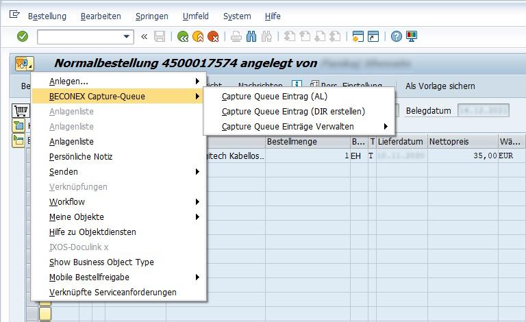 BECONEX CaptureQueue-Menü im GOS-Menü des SAP-Systems: CaptureQueue-Eintrag für ArchiveLink erstellen, CaptureQueue-Eintrag für DMS erstellen, CaptureQueue-Einträge verwalten.