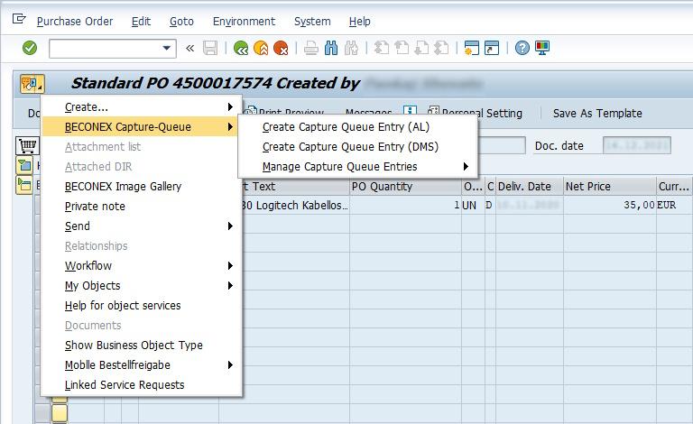 BECONEX CaptureQueue menu inside the GOS menu of the SAP system: create CaptureQueue entry for ArchiveLink, create CaptureQueue entry for DMS, manage CaptureQueue entries.