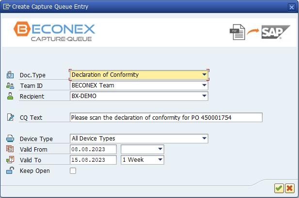 Popup to create a CaptureQueue entry in the SAP system to archive and link documents to a business object. Available fields: document type, team ID, recipient, CaptureQueue text, device type, valid from, valid to, and keep-open flag.