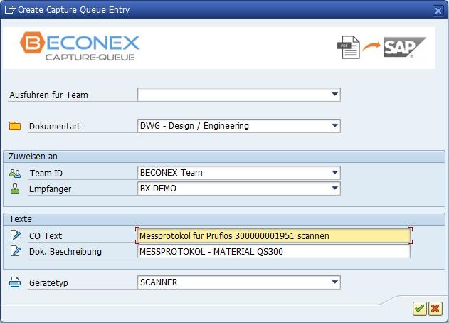 Popup zum Erstellen eines CaptureQueue-Eintrags im SAP-System, um Dokumente als Originale mit einem Dokumentinfosatz zu verknüpfen. Verfügbare Felder: Dokumenttyp, Team-ID, Empfänger, CaptureQueue-Text, Dokumentbeschreibung und Gerätetyp.