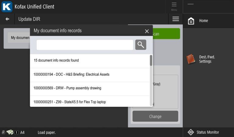 "Scan document to info record" scenario, with list of info records created by authenticated user, viewed from the interface of a multifunction device.