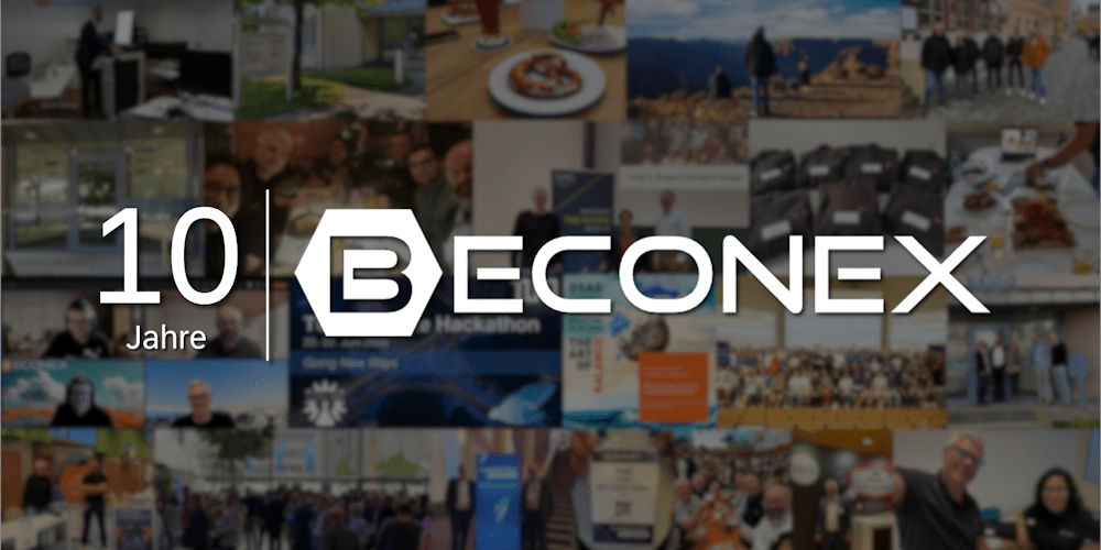 Verschwommene Bilder des BECONEX-Teams bei verschiedenen Aktivitäten mit dem Textüberlagerungstext „10 Jahre BECONEX“